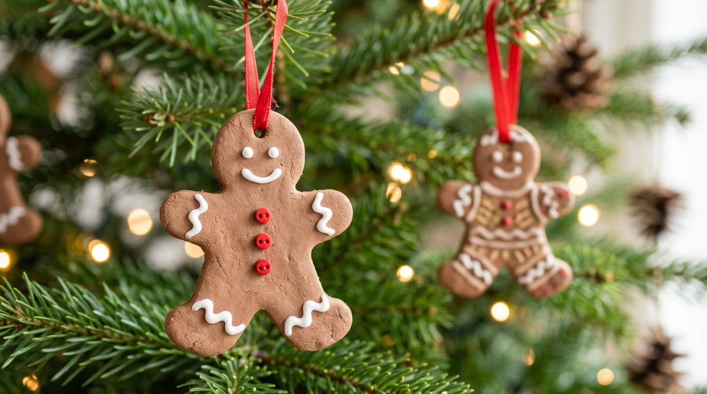 Gingerbread Christmas decor for the tree: air dry clay gingerbread men ornaments on red ribbon