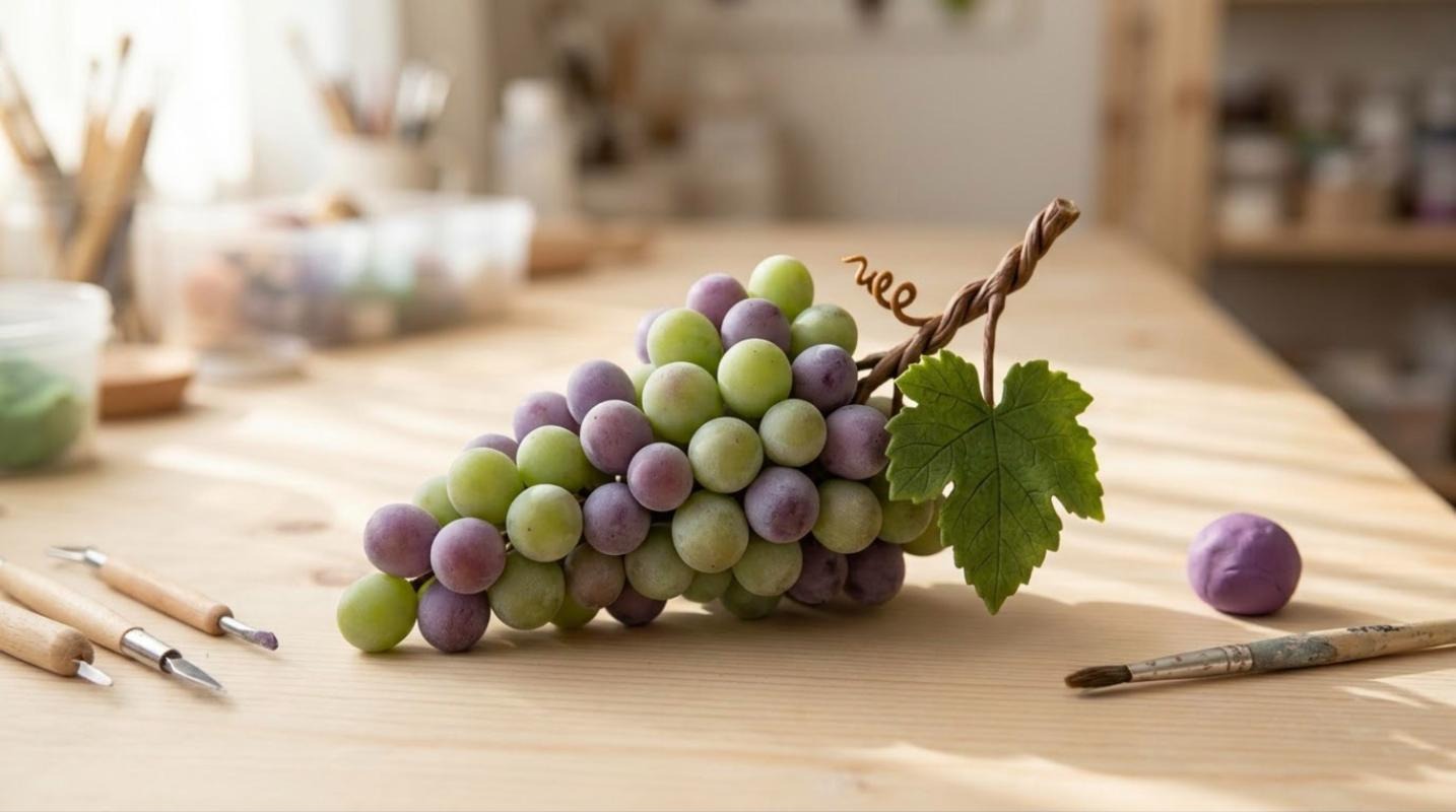 Realistic clay crafts grape bunch with green and purple grapes and a clay leaf on a wooden table