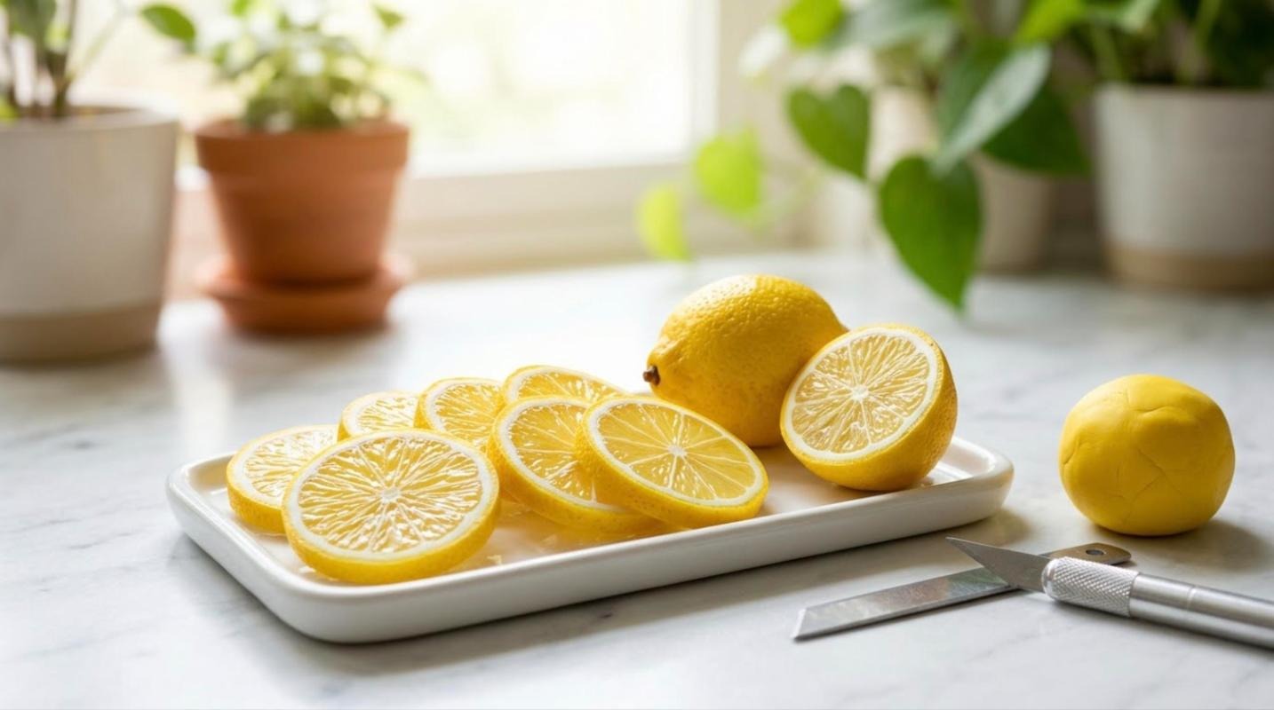 Realistic clay crafts lemon slices with a whole clay lemon on a white tray