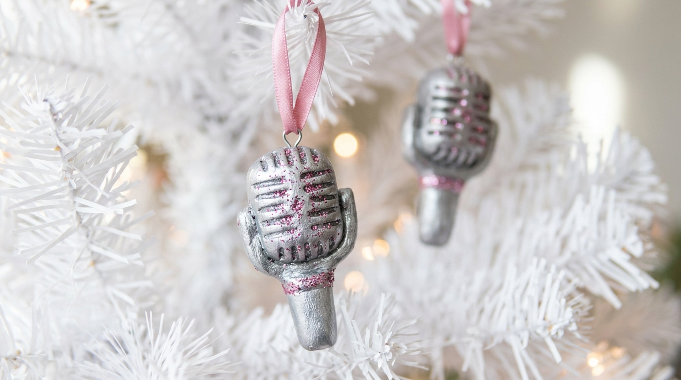 Mariah Carey Christmas tree idea with silver clay microphone ornaments on pink ribbon