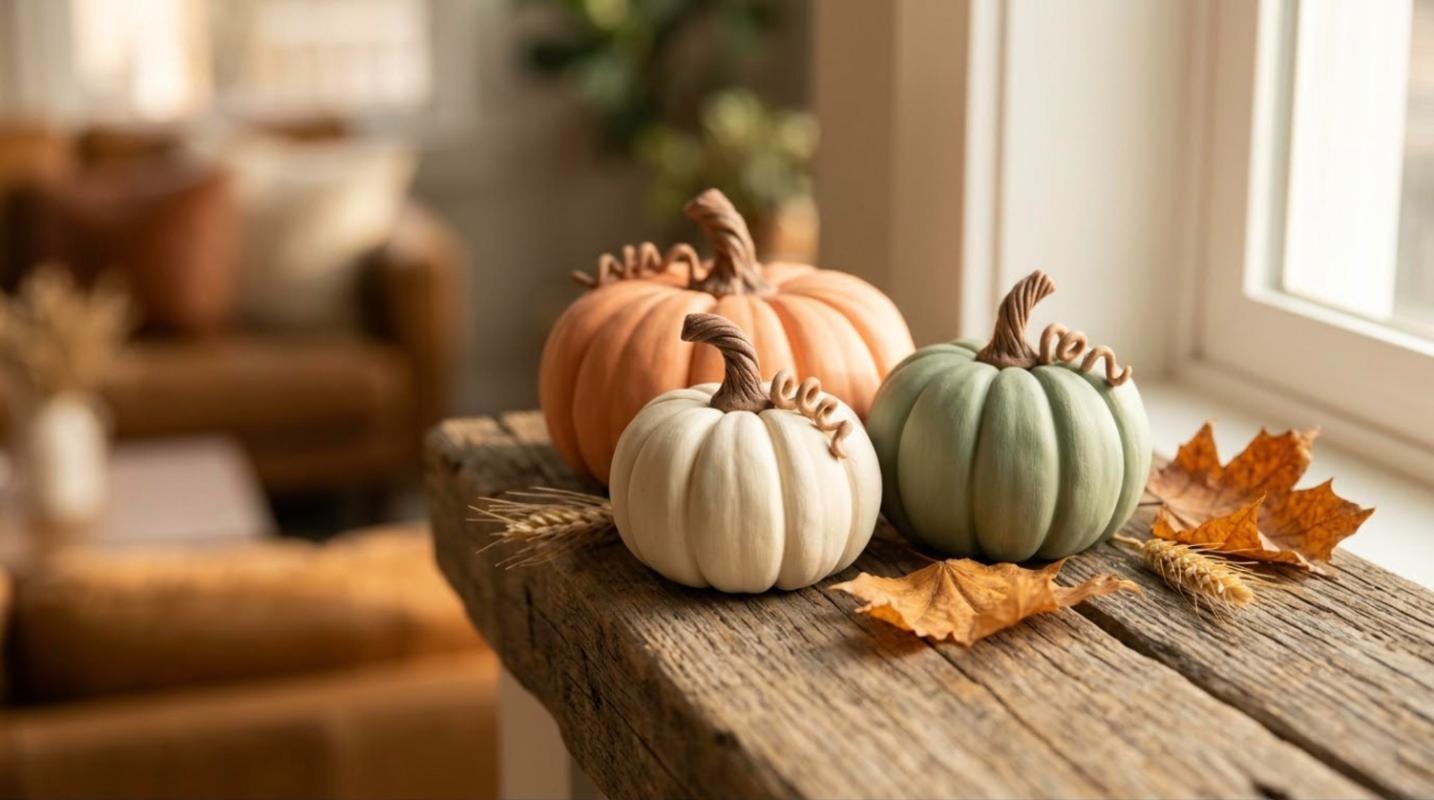 Three clay mini pumpkins in orange, cream and sage green on a rustic wooden mantel
