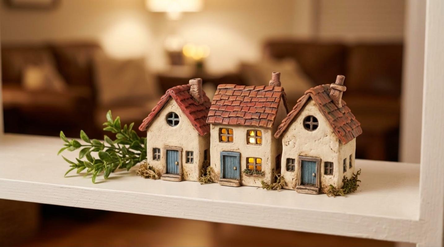 Three tiny clay village houses with tile roofs and blue doors on a white shelf
