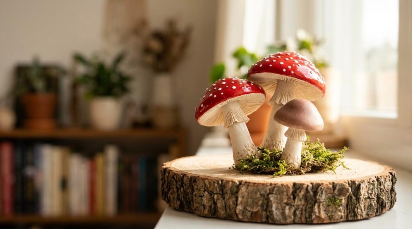 Realistic clay crafts mushroom figurines with moss on a wood slice