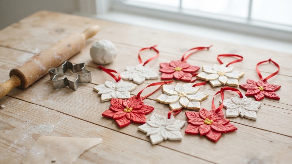 Air dry clay poinsettia ornaments painted red, white and gold with ribbon loops on a wooden table