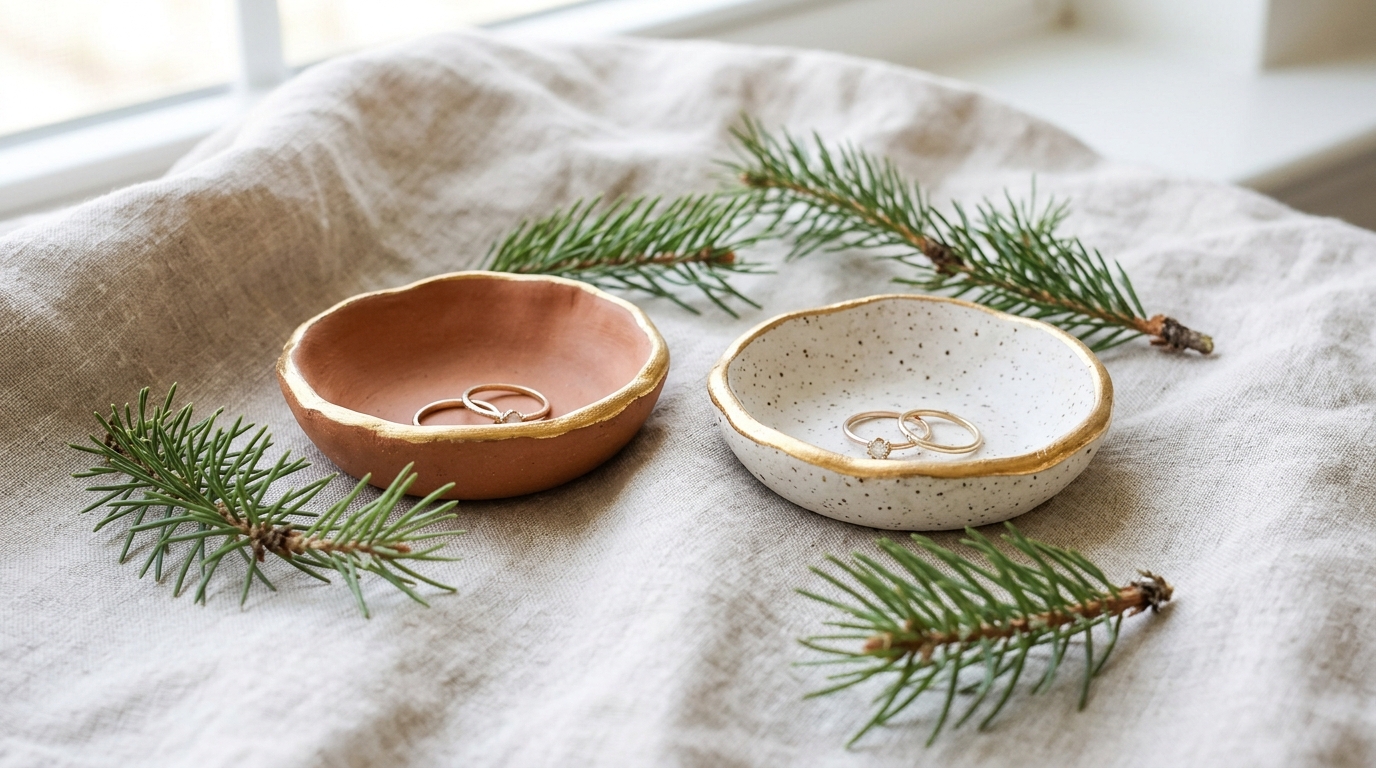 DIY stocking stuffers: handmade clay ring dishes with gold painted rims
