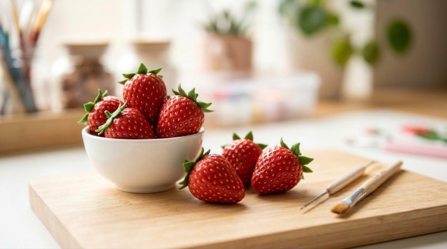 Realistic clay crafts strawberries with seed dimples in a white bowl and on a wooden board