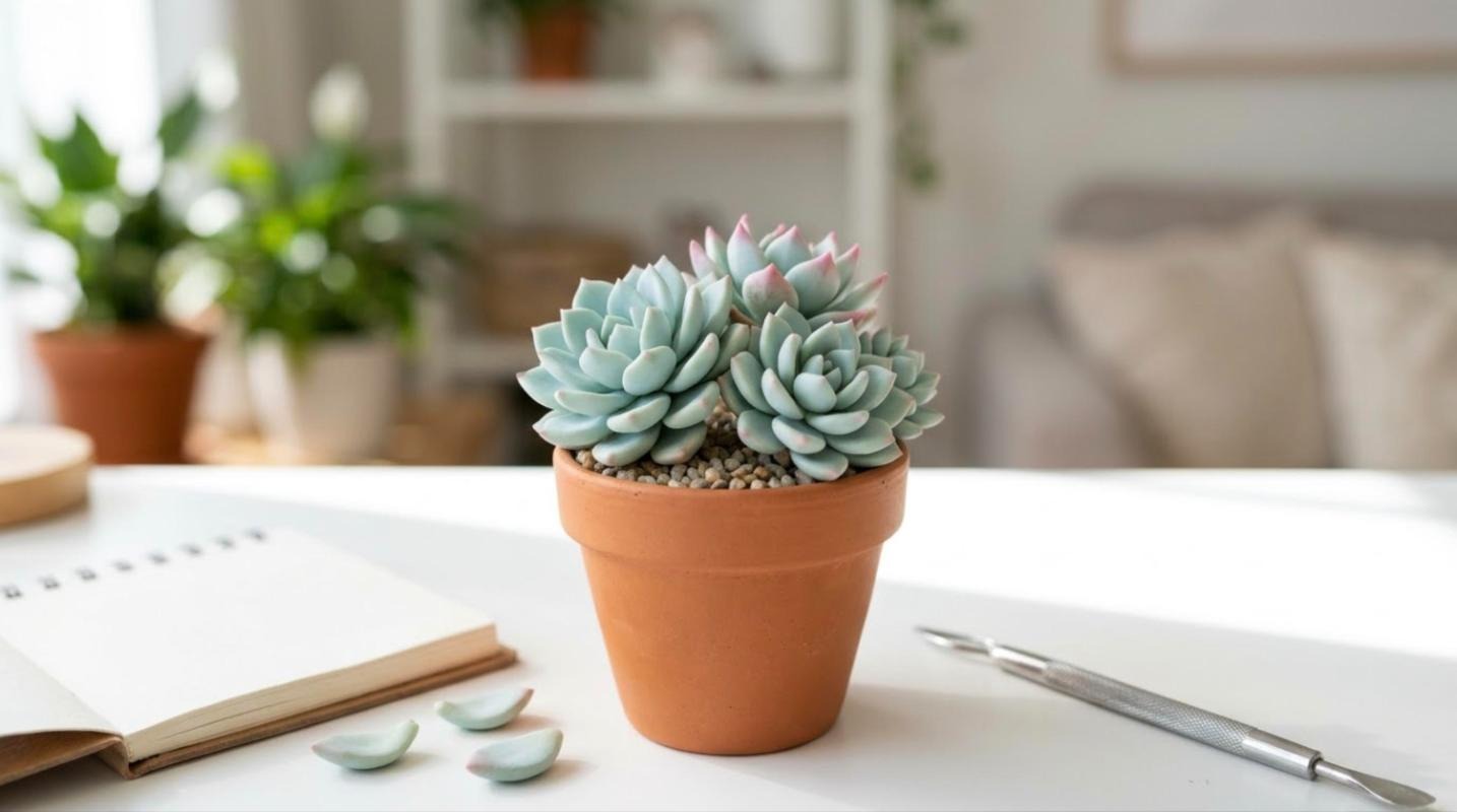 Realistic clay crafts succulents with pink tipped leaves in a small terracotta pot