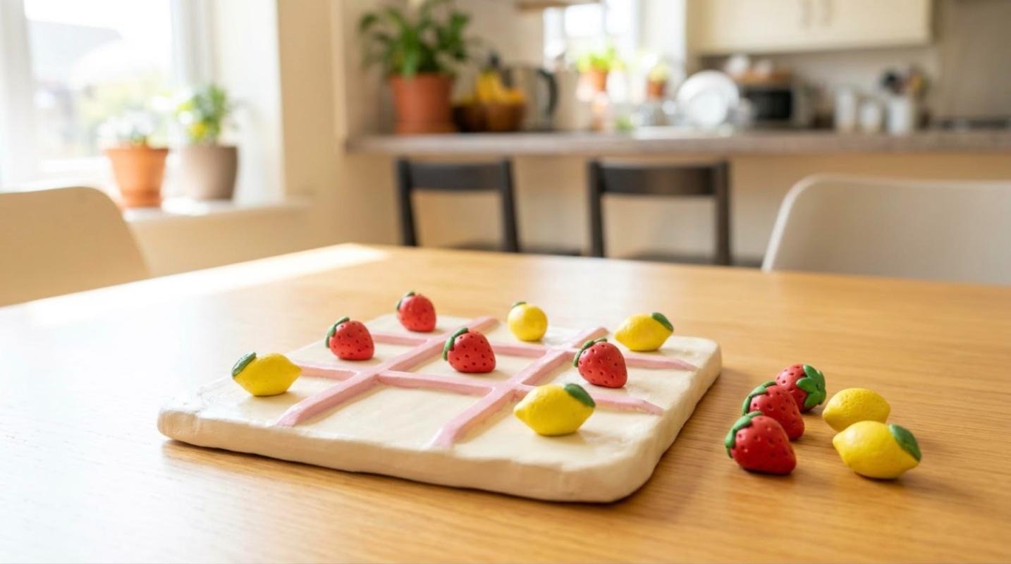 Handmade clay tic tac toe board with clay strawberry and lemon game pieces