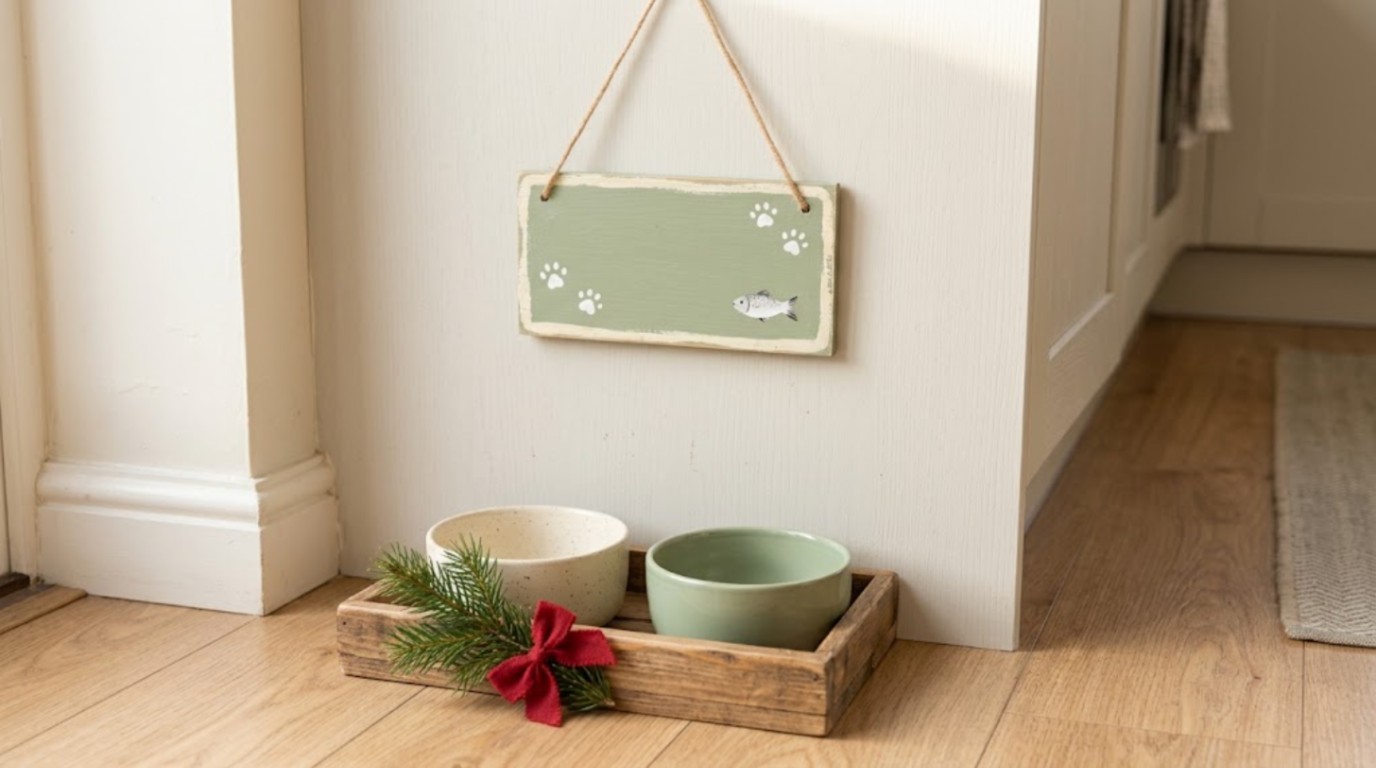Sage green painted wooden plaque with paw prints above two cat bowls on a wooden tray