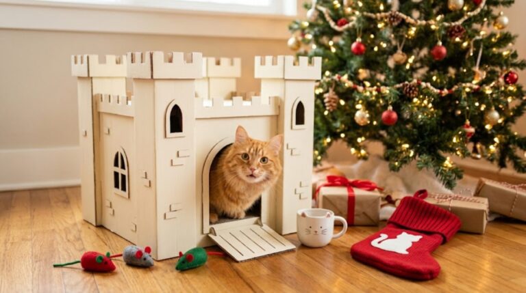 Cat lover Christmas gifts: tabby cat in a handmade cardboard castle with felt mice, cat mug and stocking