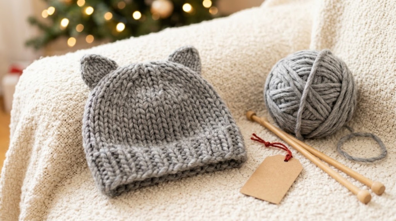 Cat lover Christmas gifts: grey chunky knit hat with cat ears beside yarn and needles