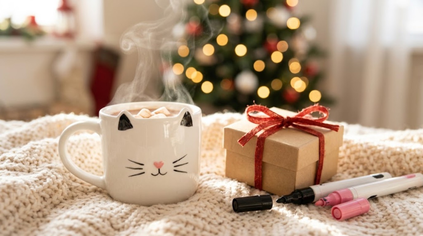Hand painted white mug with cat ears, pink nose and whiskers next to a kraft gift box