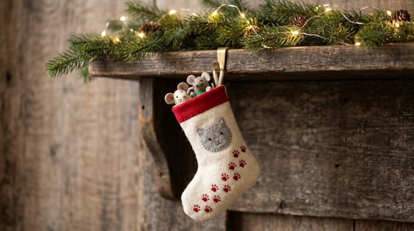 Cat lover Christmas gifts: cream felt stocking with a grey cat face and red paw prints
