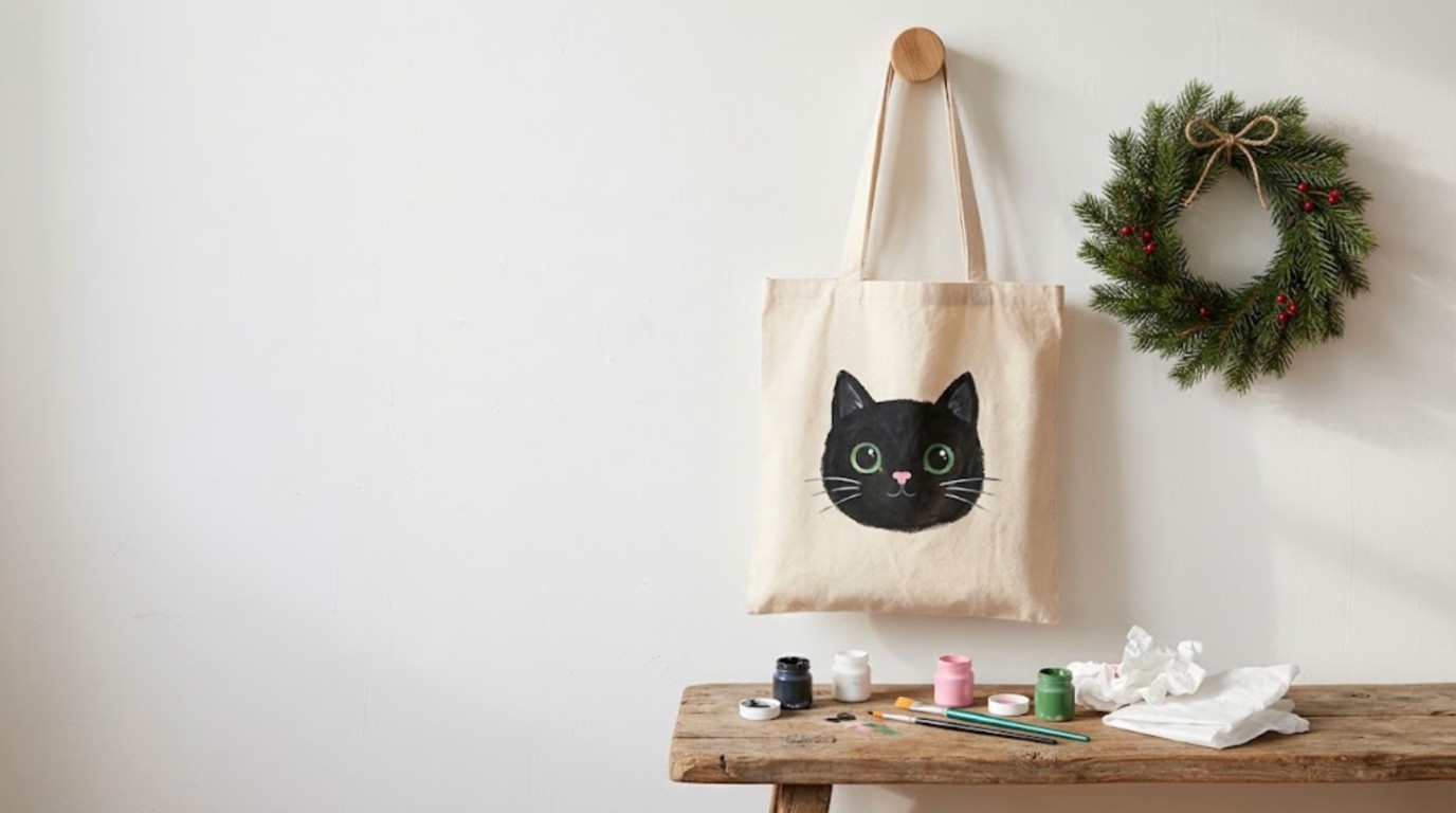 Canvas tote bag painted with a black cat face hanging next to a Christmas wreath