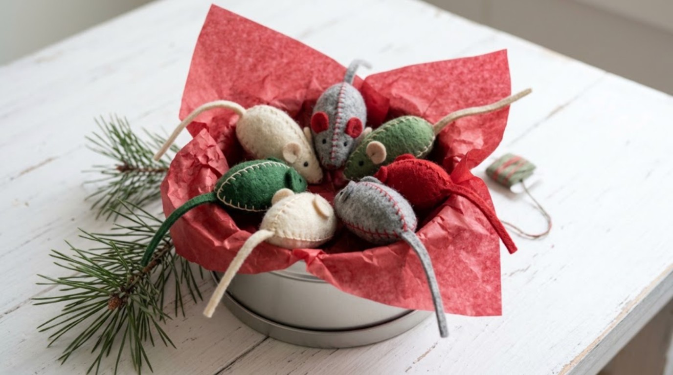 Cat lover Christmas gifts: handmade felt mouse toys in a gift tin with red tissue