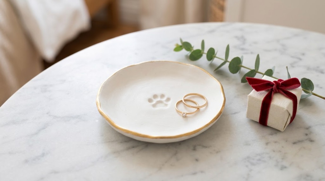 Handmade white clay ring dish with a cat paw print and gold rim holding two rings