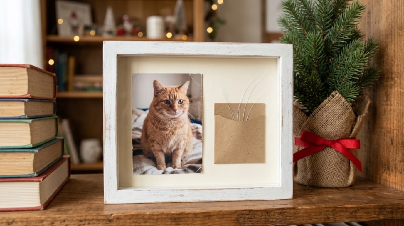 Cat lover Christmas gifts: white shadow box with a ginger cat photo and a whisker keepsake envelope