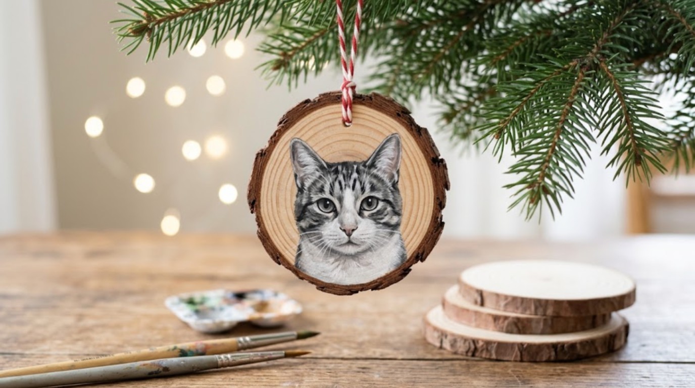 Cat lover Christmas gifts: tabby cat portrait painted on a wood slice ornament hanging on a tree