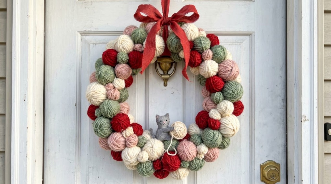 Cat lover Christmas gifts: yarn ball wreath with a tiny felt cat and red bow on a white door