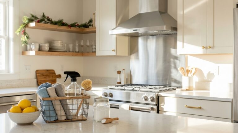 Holiday deep cleaning in a sparkling kitchen with a shiny range hood and a cleaning caddy
