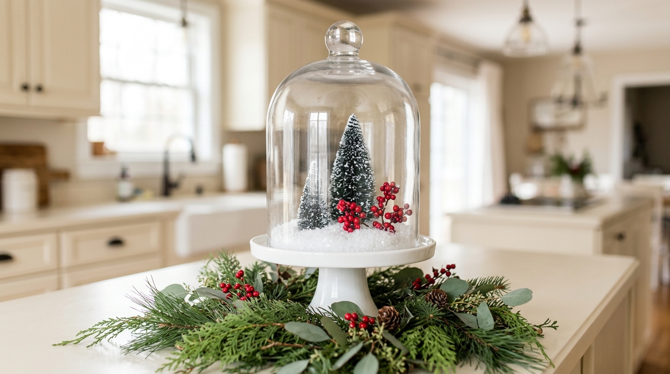 White cake stand topped with a dome and a mini snowy tree