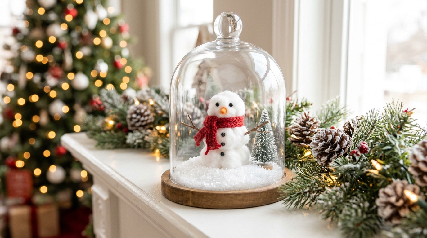 Cotton ball snowman with a red scarf under a bell jar