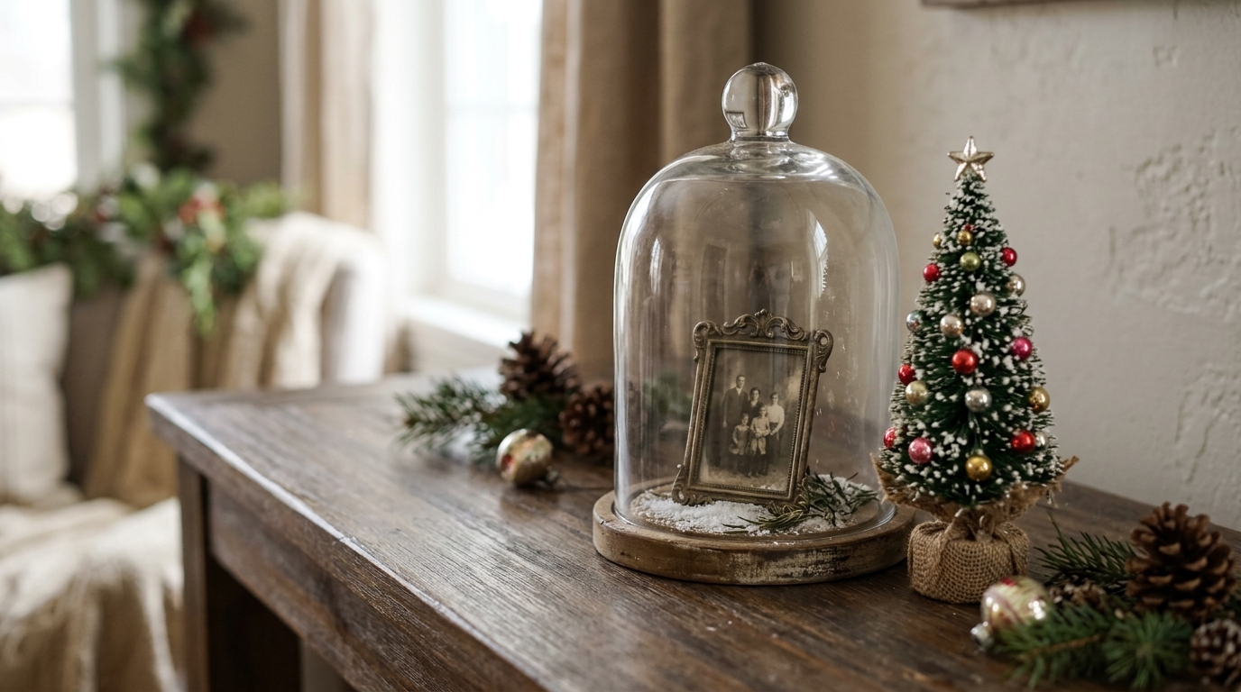 Glass cloche Christmas keepsake with a vintage family photo and tiny tree