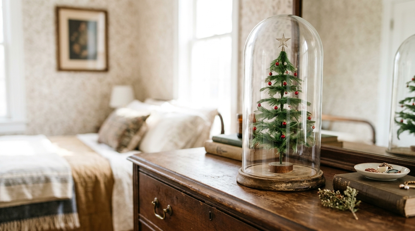 Feather tree with red beads under a tall bell jar