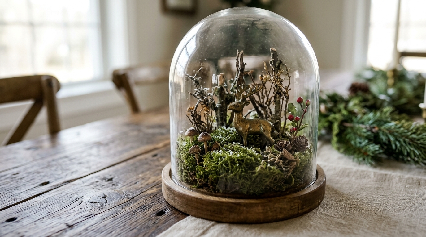Woodland moss scene with a brass deer under a dome