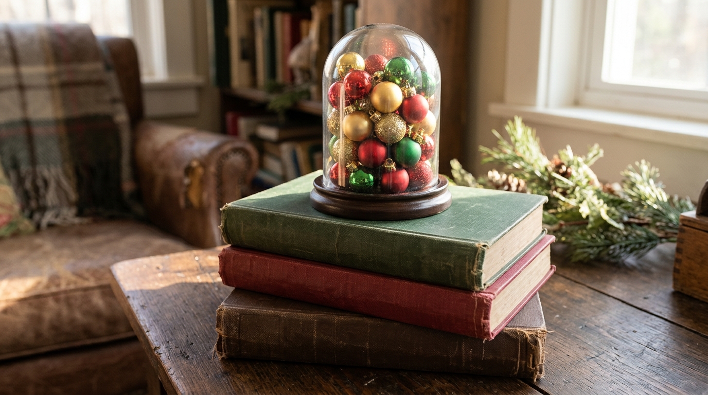 Glass cloche Christmas ornaments on a stack of old books