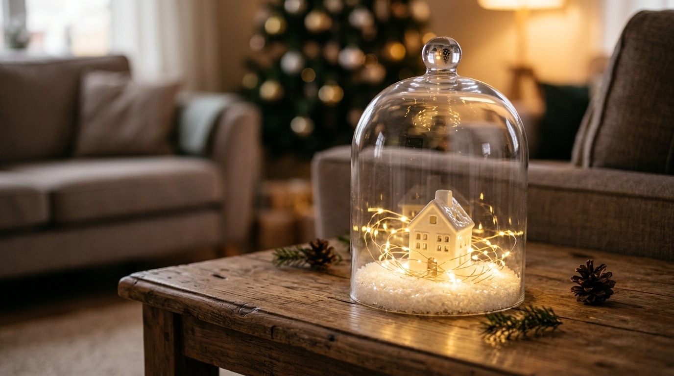 Tiny white village house with fairy lights under a bell jar