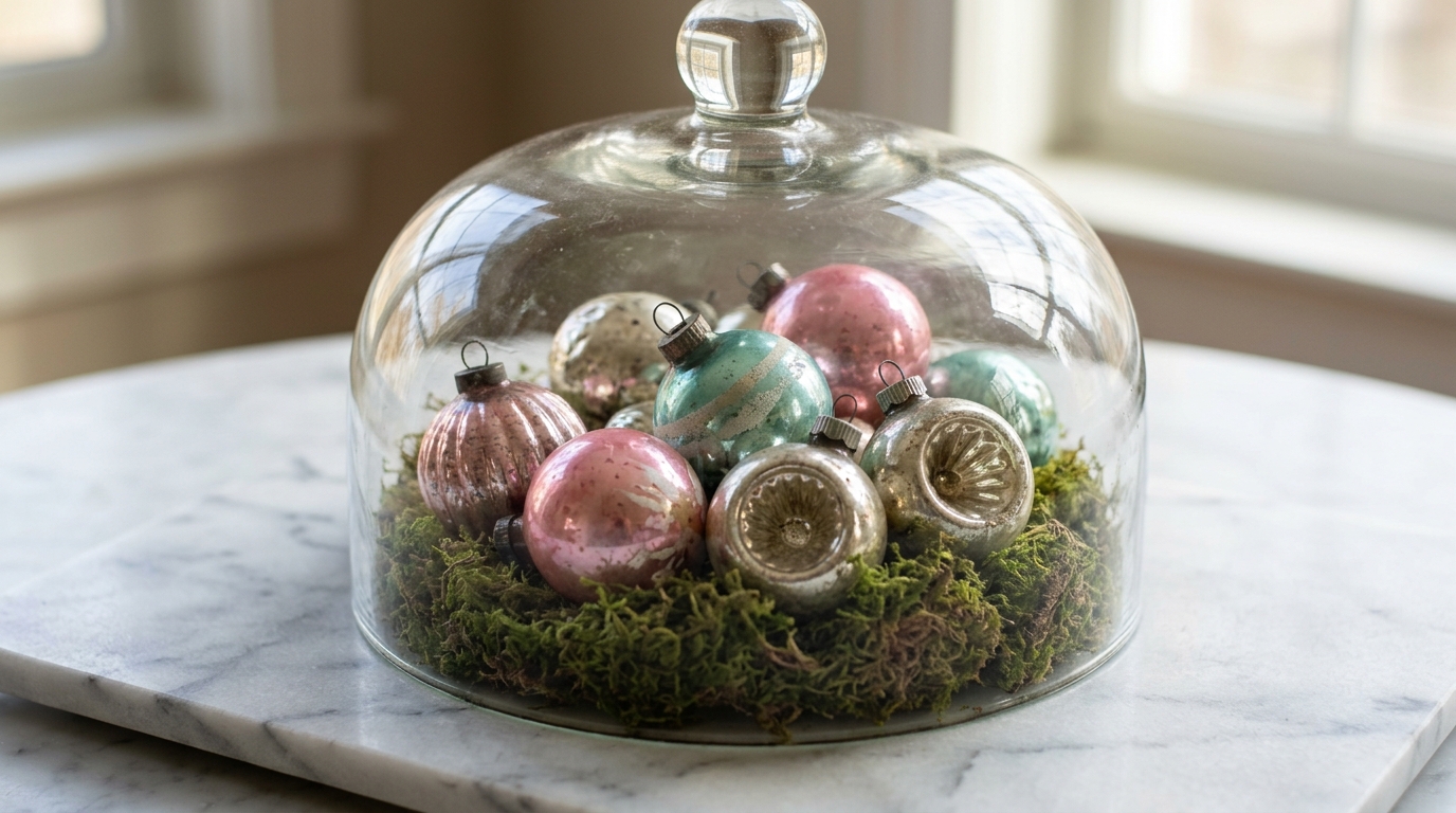 Glass cloche Christmas display with vintage ornaments on moss