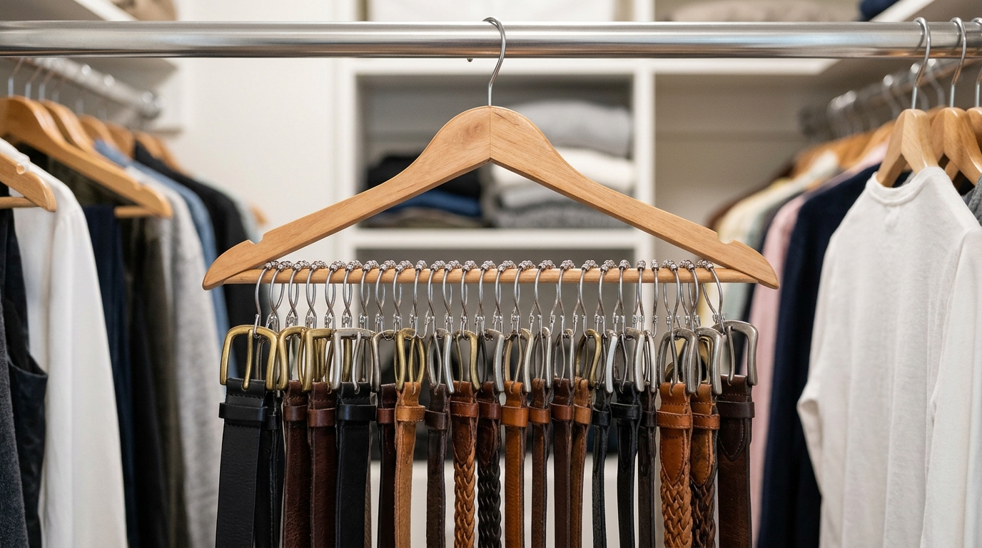 Leather belts hanging from shower curtain rings on a wooden hanger