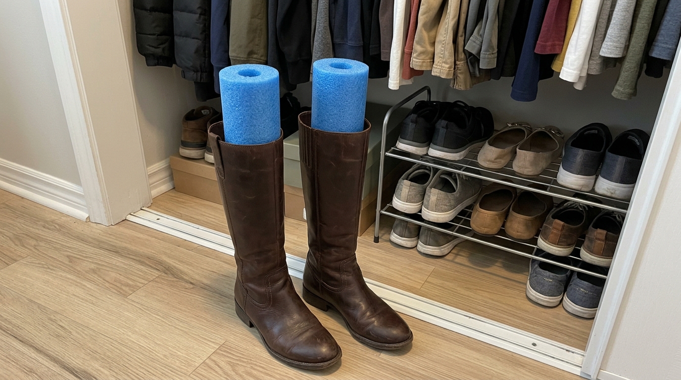 Closet organization hacks with pool noodle boot shapers in tall boots