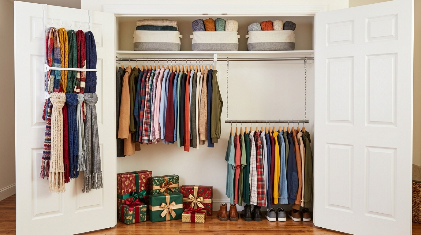 Closet organization hacks with a second hanging rod on chains, sweater bins and a scarf rack