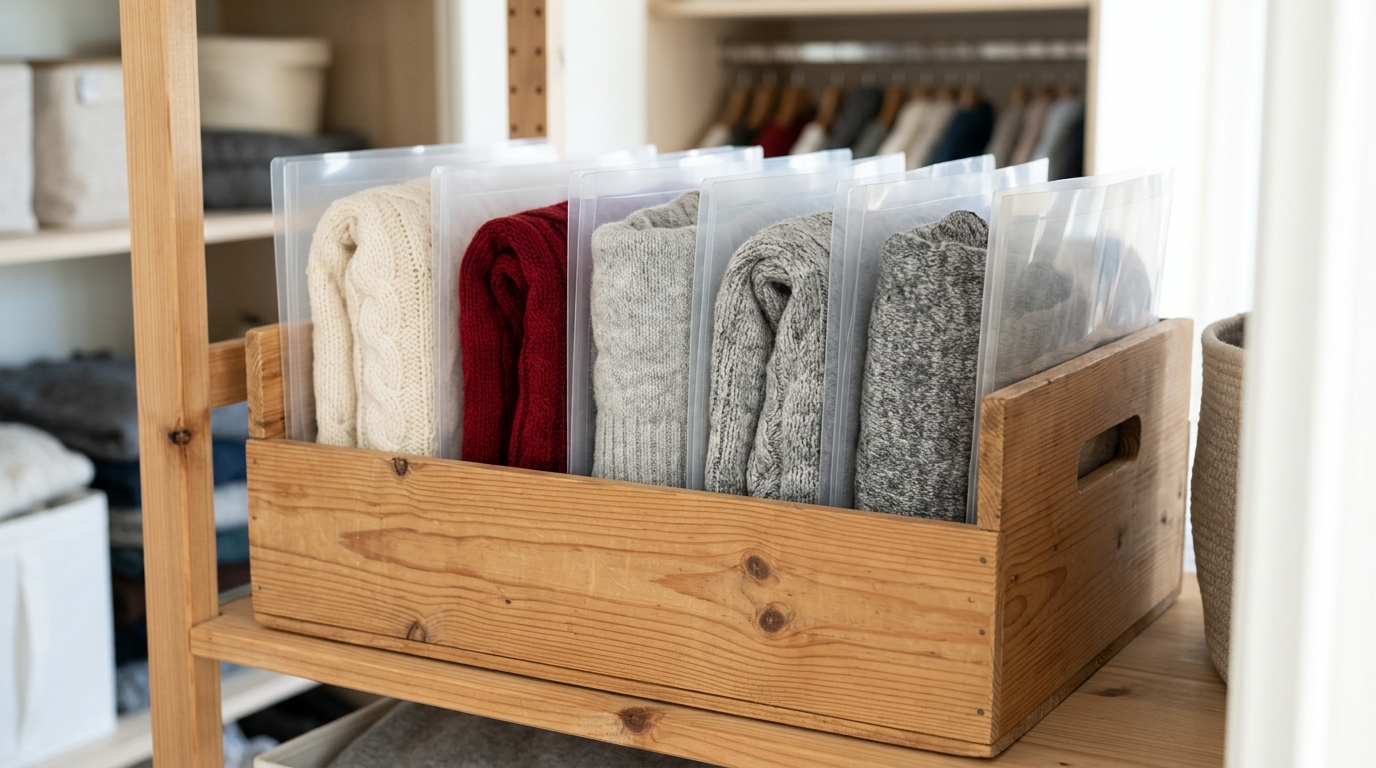 Folded sweaters filed upright in clear folders in a wooden crate