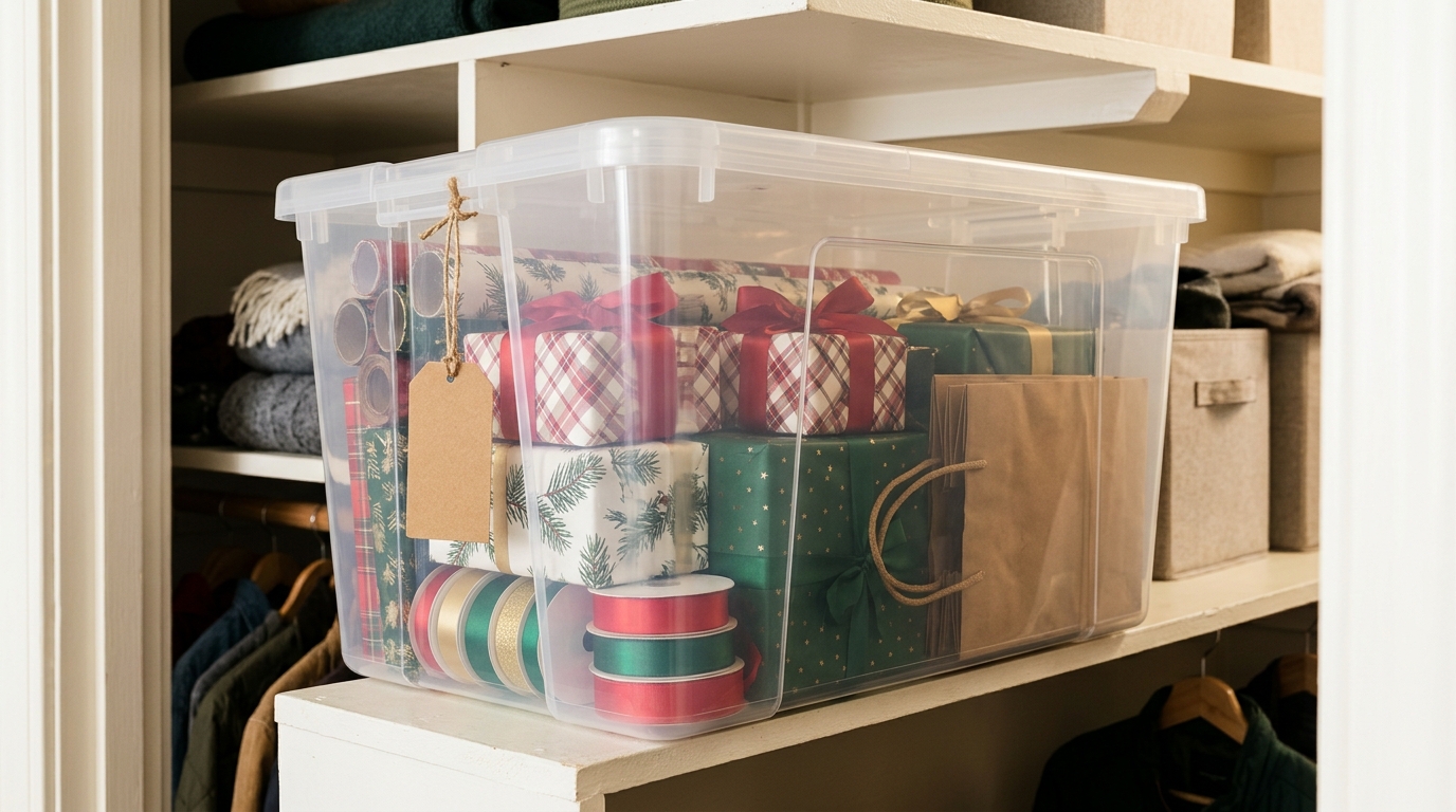 Closet organization hacks with a clear bin of wrapped holiday gifts on a shelf