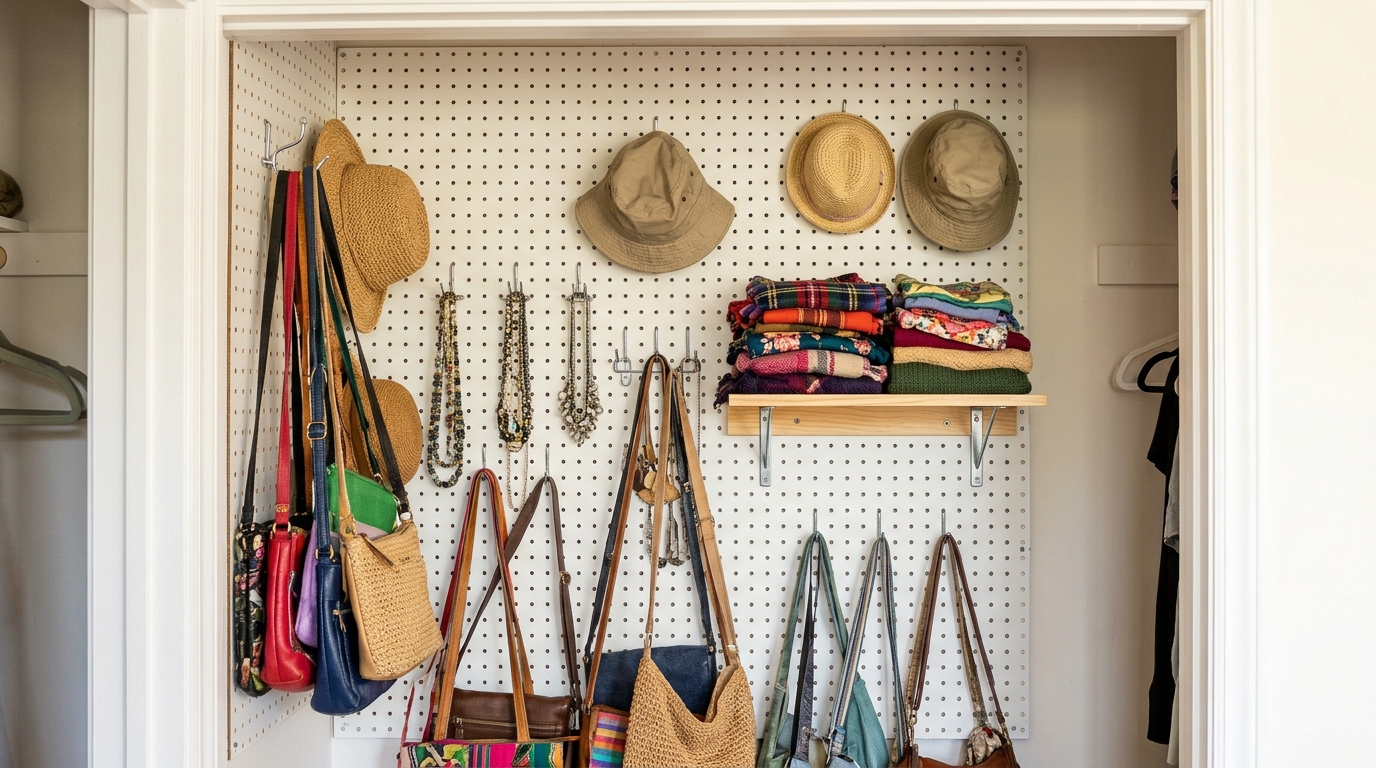 Closet organization hacks with a white pegboard holding bags and hats