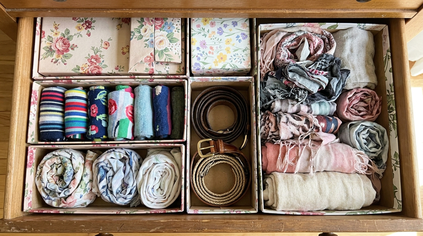 Closet organization hacks with shoe box dividers in a dresser drawer
