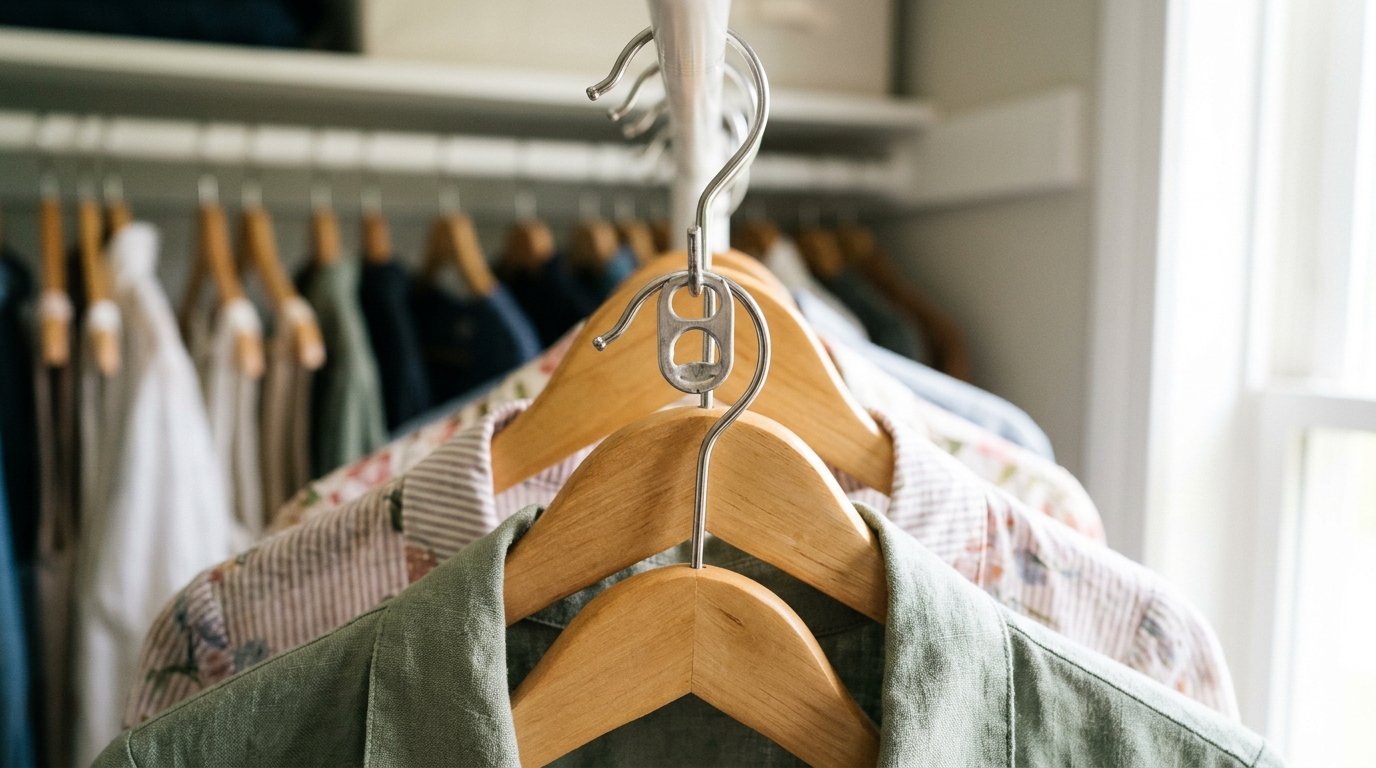 Soda can pull tab linking two wooden hangers in a closet