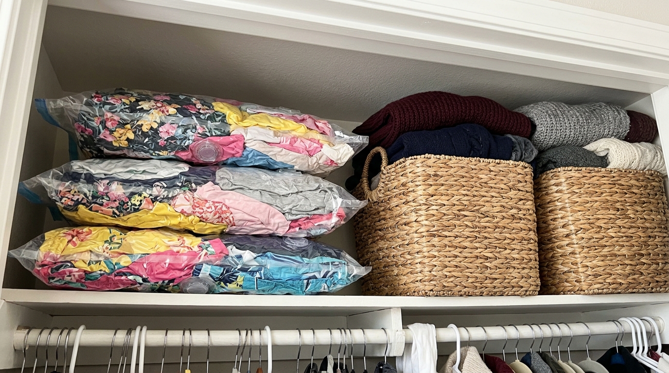 Closet organization hacks with flat vacuum bags of summer clothes on a top shelf