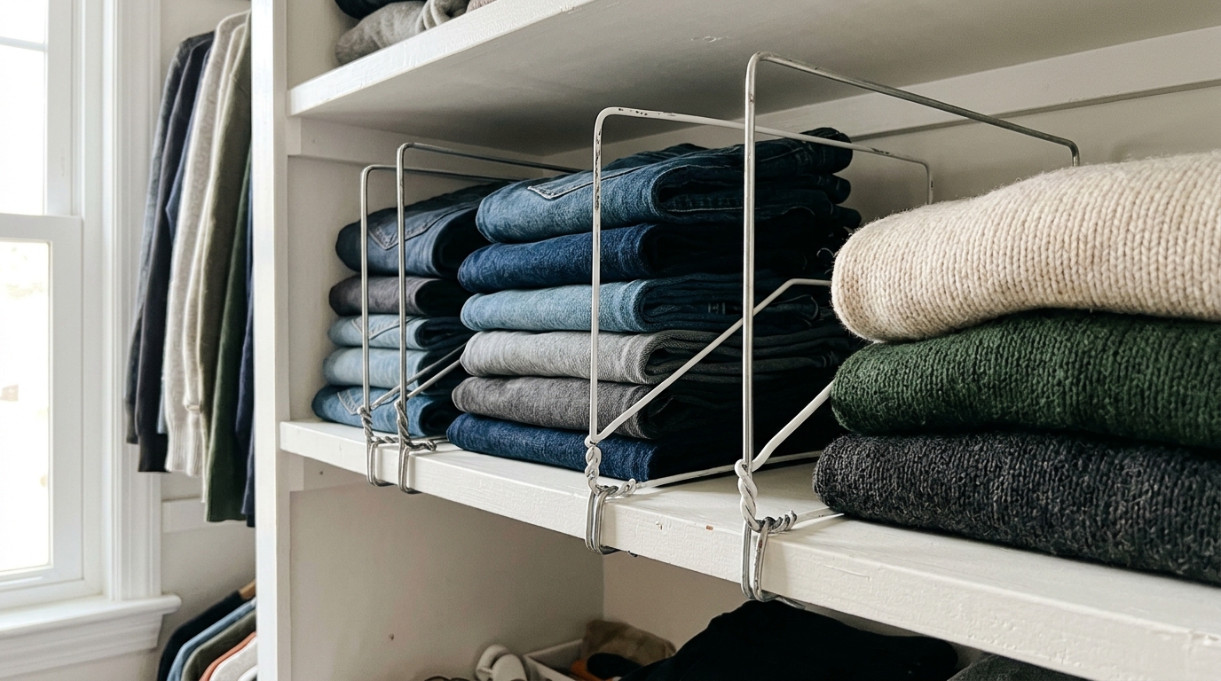 Bent wire hangers used as shelf dividers between stacks of jeans
