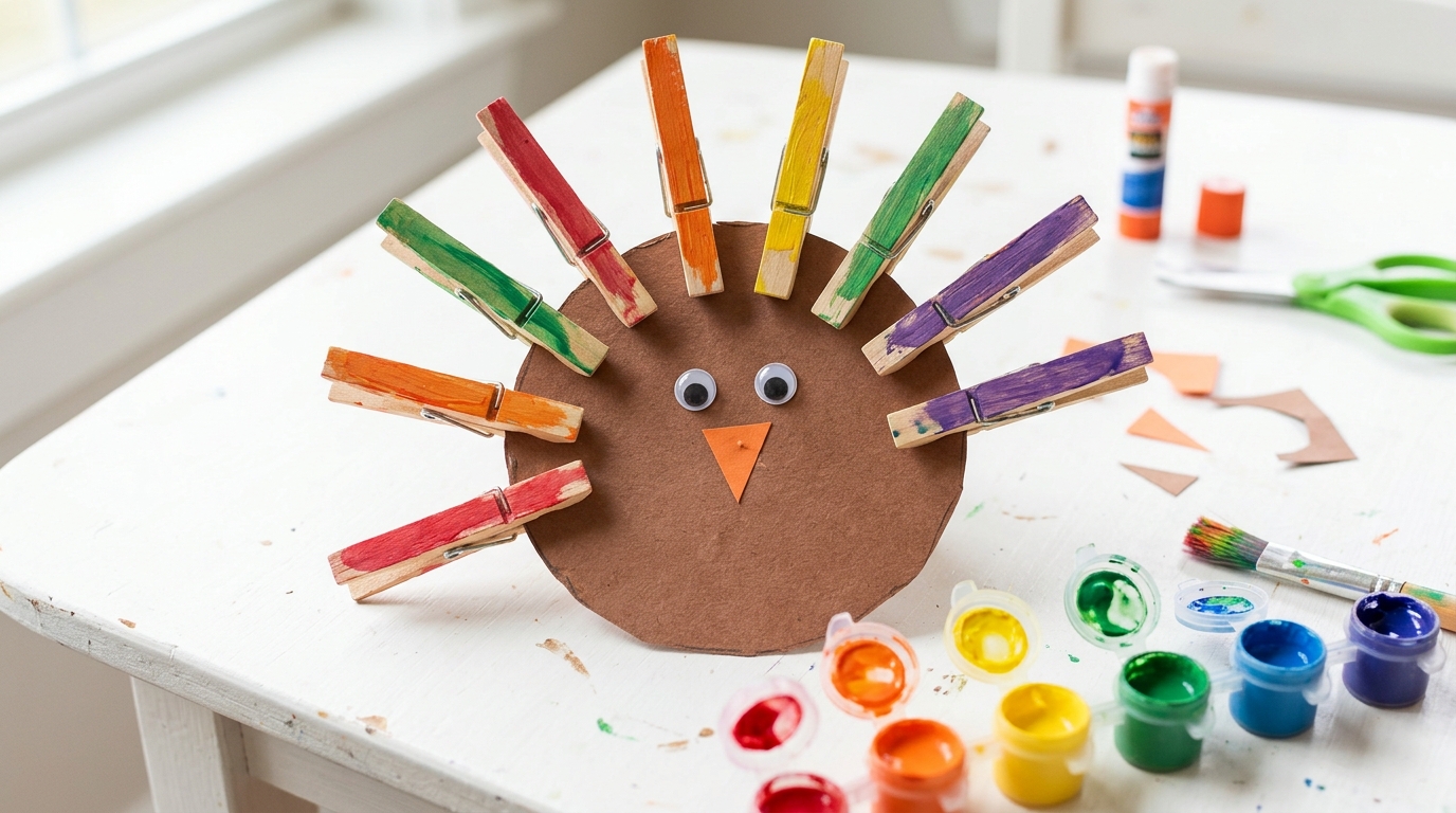 Turkey crafts for kids: brown paper turkey with painted wooden clothespins clipped around it as feathers