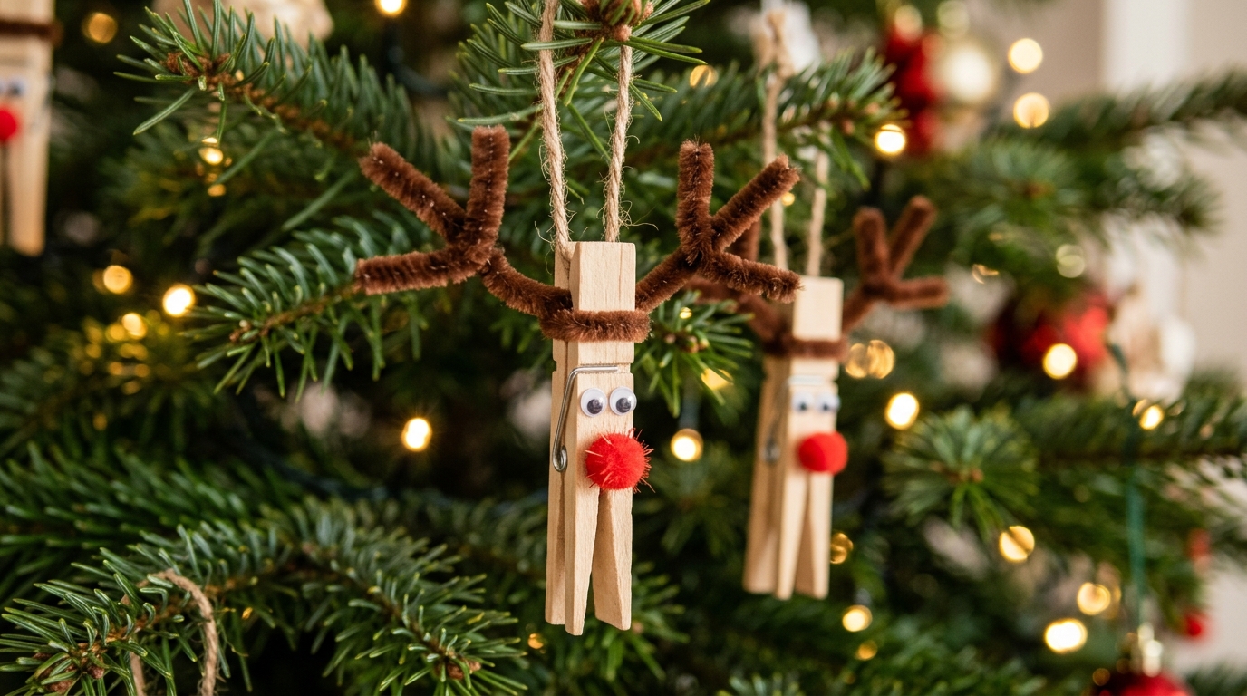 Wooden clothespin reindeer with red pom pom noses and brown pipe cleaner antlers on a tree