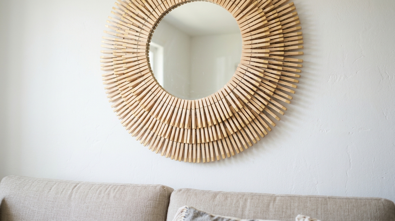 Round mirror framed by a wooden clothespin sunburst with gold tips above a sofa