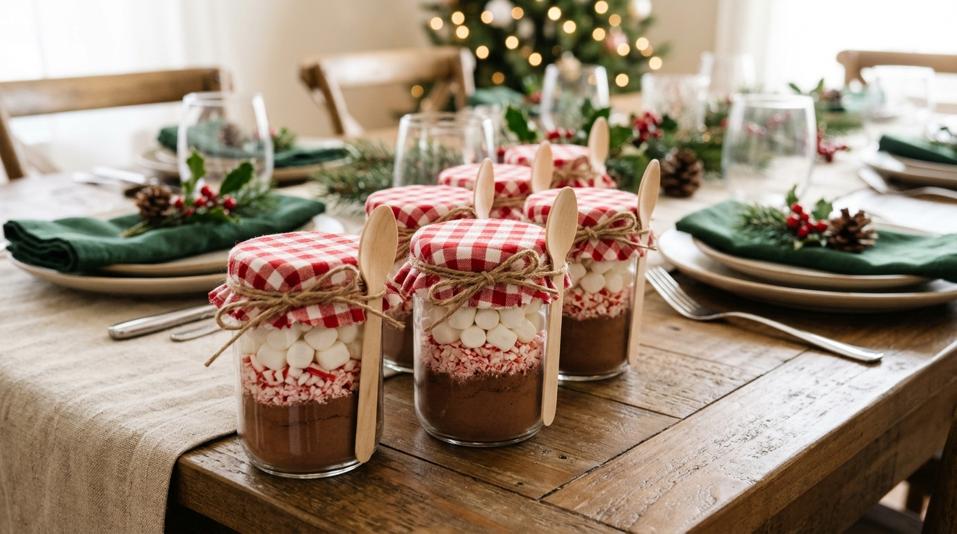 Christmas table favors of small jars layered with cocoa mix, marshmallows and peppermint