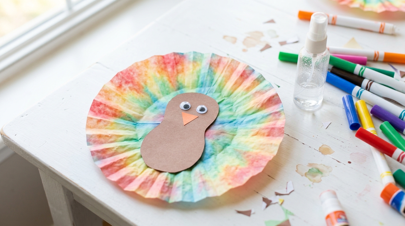 Coffee filter turkey with a tie dye rainbow tail and a brown paper body