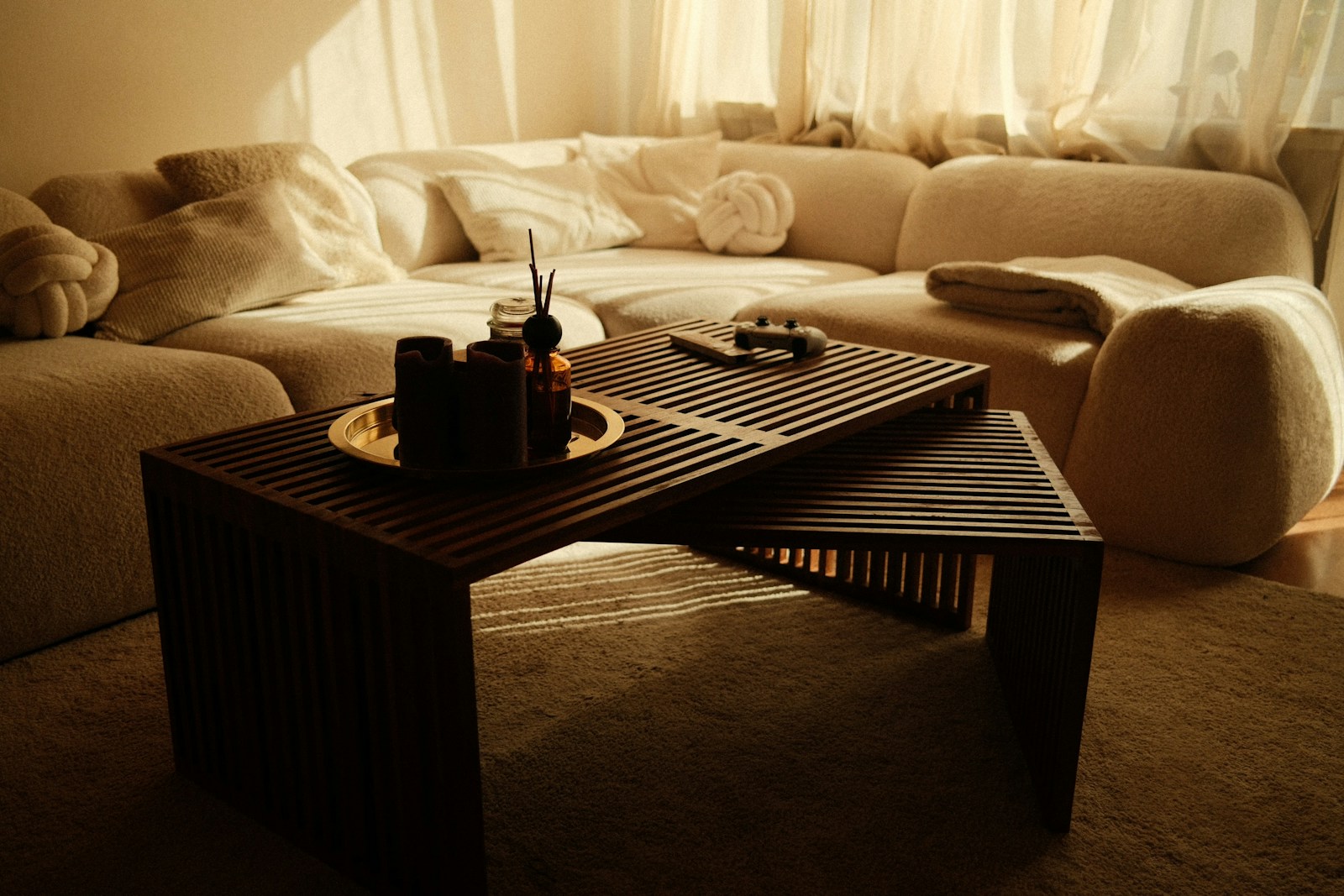 Cozy living room with a tray on the coffee table