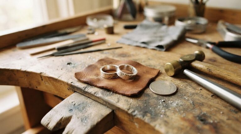 Coin into rings: two polished silver rings on a jeweler's bench beside a plain coin, a hammer and a mandrel