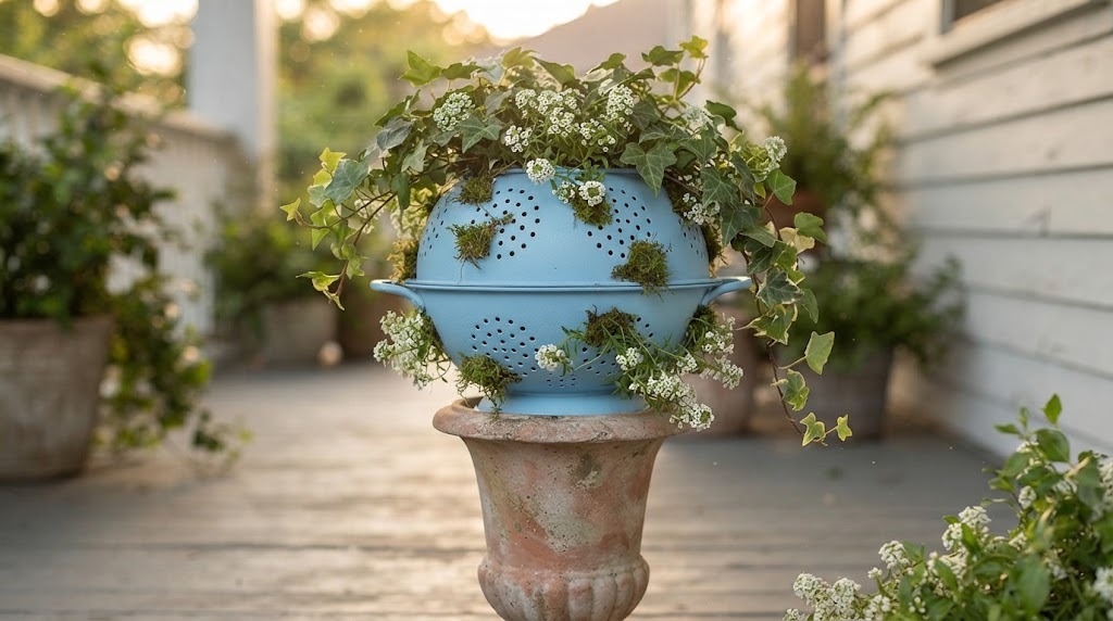 Two kitchen colanders joined into a blue garden orb planter on an urn
